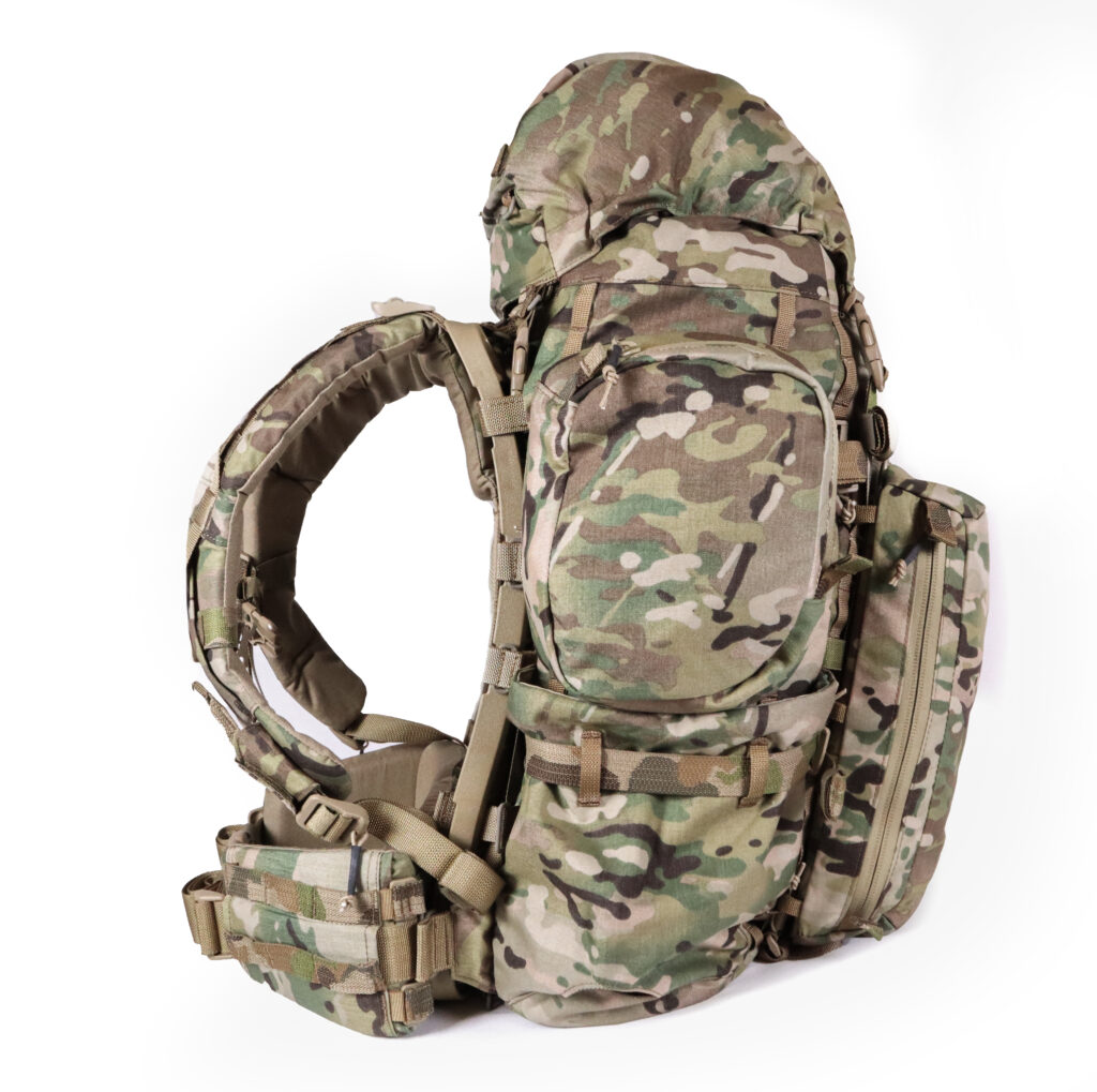 External frame military rucksack in multicam camo Crossfire CF3 side shot