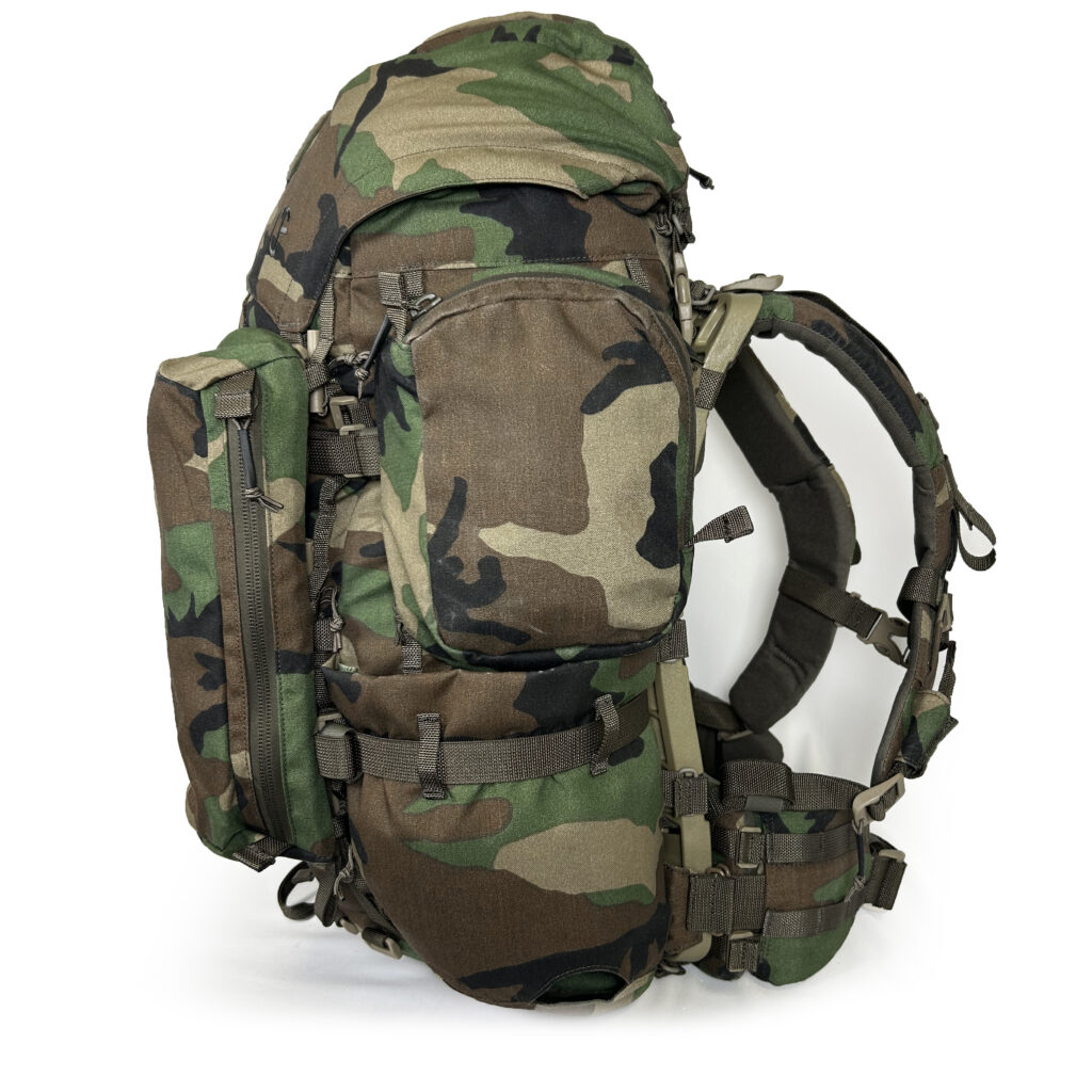 Crossfire military rucksack in woodland m81 camo-side shot